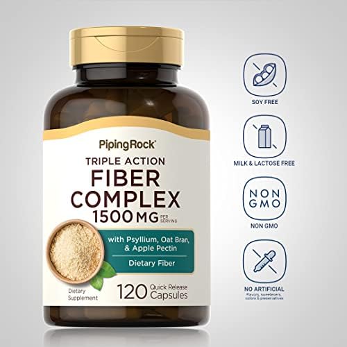 Suplemento de Fibra Piping Rock | 1500mg | 120 Cápsulas | Pastillas de Triple Acción | con Psyllium, Salvado de Avena y Pectina de Manzana | Sin OGM - imagen 3