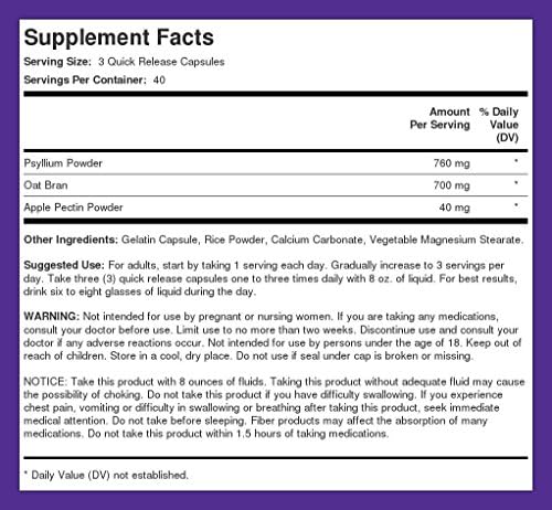 Suplemento de Fibra Piping Rock | 1500mg | 120 Cápsulas | Pastillas de Triple Acción | con Psyllium, Salvado de Avena y Pectina de Manzana | Sin OGM - imagen 8