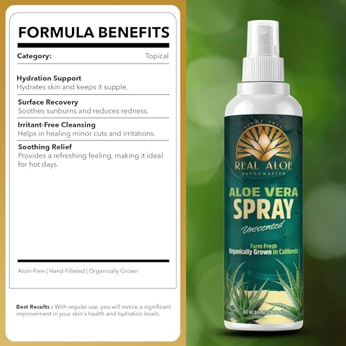 Spray de Aloe Vera Real Aloe (8 fl oz) | Aloe Orgánico Certificado de California | Bruma Refrescante para Rostro y Cuerpo | Hidratante y Cuidado - imagen 7