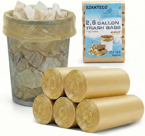 Bolsas de Basura Pequeñas SZKKTECO de 2.6 Galones, para Botes de 3 Galones - Bolsas Doradas para Baño, Oficina y Dormitorio (100 Piezas, 5 Rollos) - imagen 1