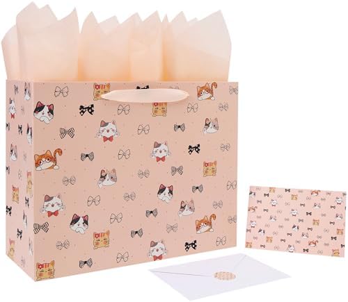 Set de Bolsa de Regalo Grande para Gato y Lazo de 13'' Wishinside con Manijas, Tarjeta de Felicitación, Papel de Seda Rosa y Stickers para - imagen 1