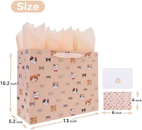 Set de Bolsa de Regalo Grande para Gato y Lazo de 13'' Wishinside con Manijas, Tarjeta de Felicitación, Papel de Seda Rosa y Stickers para - imagen 2