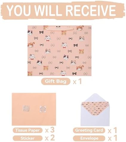 Set de Bolsa de Regalo Grande para Gato y Lazo de 13'' Wishinside con Manijas, Tarjeta de Felicitación, Papel de Seda Rosa y Stickers para - imagen 3
