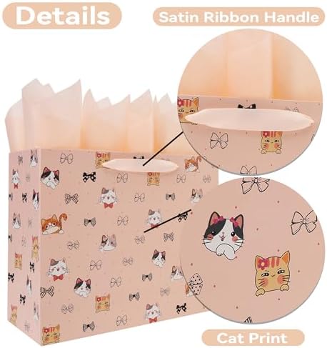 Set de Bolsa de Regalo Grande para Gato y Lazo de 13'' Wishinside con Manijas, Tarjeta de Felicitación, Papel de Seda Rosa y Stickers para - imagen 4