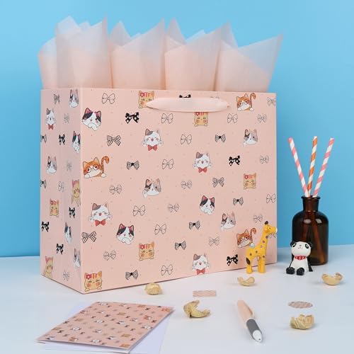 Set de Bolsa de Regalo Grande para Gato y Lazo de 13'' Wishinside con Manijas, Tarjeta de Felicitación, Papel de Seda Rosa y Stickers para - imagen 5