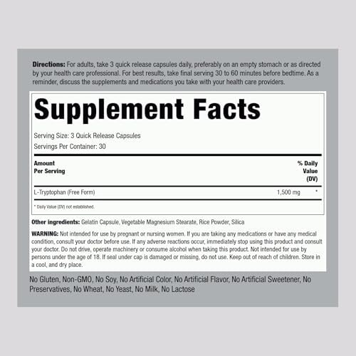 L-Tryptófano Piping Rock 1500 mg | 90 Cápsulas | Suplemento Libre de GMO y Gluten - imagen 2