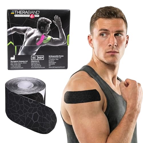 Cinta Kinesiology THERABAND, Negra/Gris, 1 Rollo, con Indicadores XactStretch, Cinta Deportiva Duradera para Hombros, Espalda y Rodillas, Sin Látex y - imagen 1