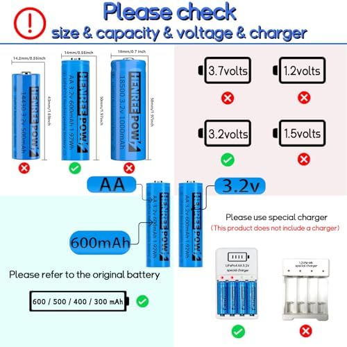 Batería Recargable Henreepow AA 3.2v 600mAh LiFePo4, Baterías AA de Baja Autodescarga para Luces Solares (Paquete de 2) - imagen 4