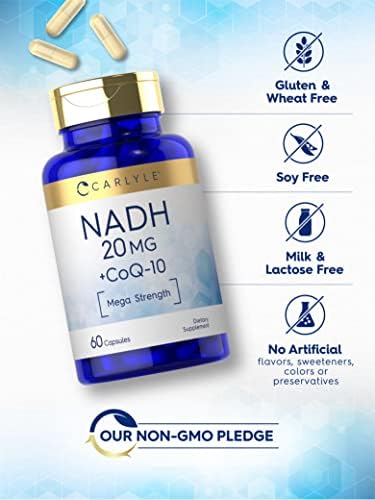 Suplemento Carlyle NADH CoQ10 | 20 mg | 60 Cápsulas | Mega Potencia | Sin OGM, Libre de Gluten - imagen 4