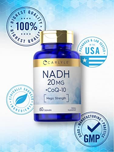 Suplemento Carlyle NADH CoQ10 | 20 mg | 60 Cápsulas | Mega Potencia | Sin OGM, Libre de Gluten - imagen 5