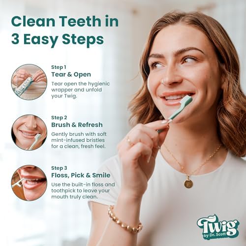 Cepillo de Dientes Desechable Twig by Dr. Scott 5 en 1, Paquete de 10 - Cepillo de Viaje con Pasta, Sin Agua Necesaria - Hilo Dental, Pica, Raspador - imagen 2