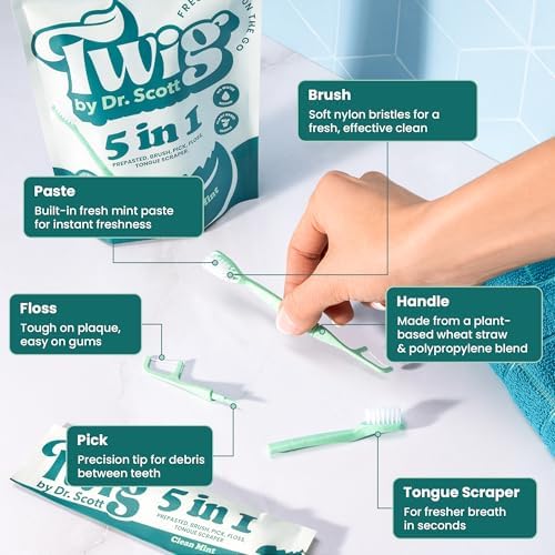 Cepillo de Dientes Desechable Twig by Dr. Scott 5 en 1, Paquete de 10 - Cepillo de Viaje con Pasta, Sin Agua Necesaria - Hilo Dental, Pica, Raspador - imagen 3