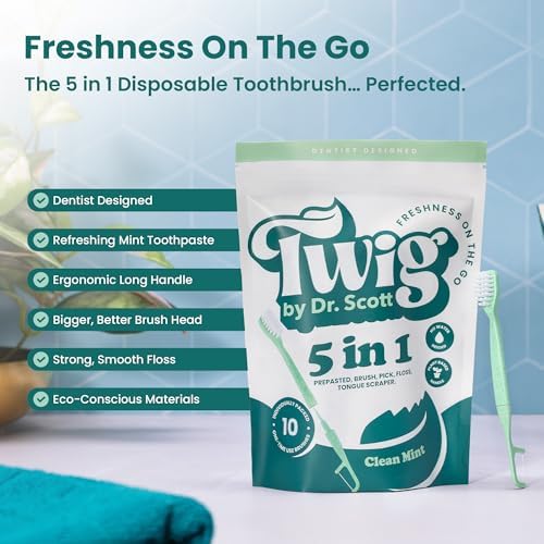 Cepillo de Dientes Desechable Twig by Dr. Scott 5 en 1, Paquete de 10 - Cepillo de Viaje con Pasta, Sin Agua Necesaria - Hilo Dental, Pica, Raspador - imagen 4