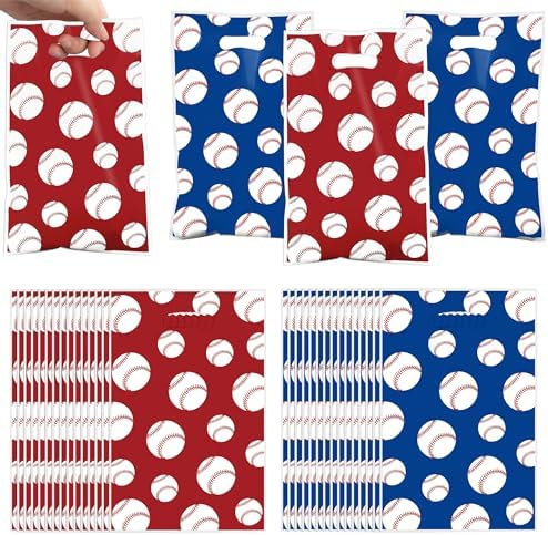 60 Bolsas de Plástico para Fiesta de Béisbol con Asa, Tema de Béisbol, Regalos y Dulces, 60 Piezas, Rojo y Azul, Suministros para Cumpleaños de - imagen 1