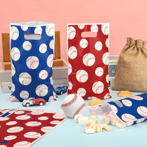 60 Bolsas de Plástico para Fiesta de Béisbol con Asa, Tema de Béisbol, Regalos y Dulces, 60 Piezas, Rojo y Azul, Suministros para Cumpleaños de - imagen 4