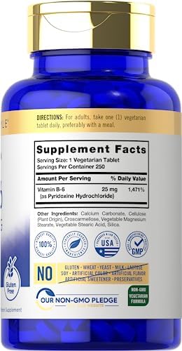 Carlyle Vitamina B6 | 25 mg | 250 Tabletas | Suplemento para Hombres y Mujeres | como Piridoxina Hidrocloruro | Vegetariano, No Transgénico y Sin - imagen 2