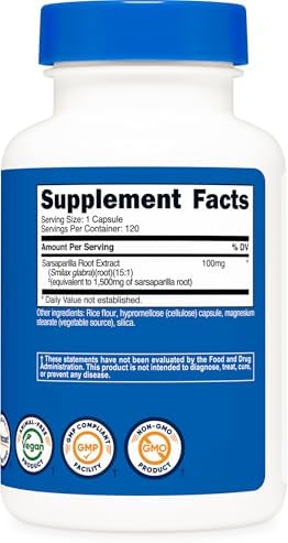 Extracto de Raíz de Sarsaparilla Nutricost 120 Cápsulas - 120 Porciones por Botella, Vegano, Sin OGM, Sin Gluten - imagen 5