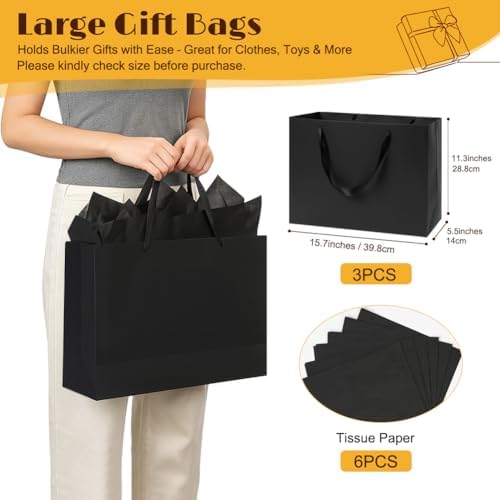 Bolsas de Regalo Negras Extra Grandes Shintop de 3 Piezas con Asa, 15.7 x 11.3 x 5.5 in, Reutilizables con Papel de Seda para Hombres, Cumpleaños, - imagen 2