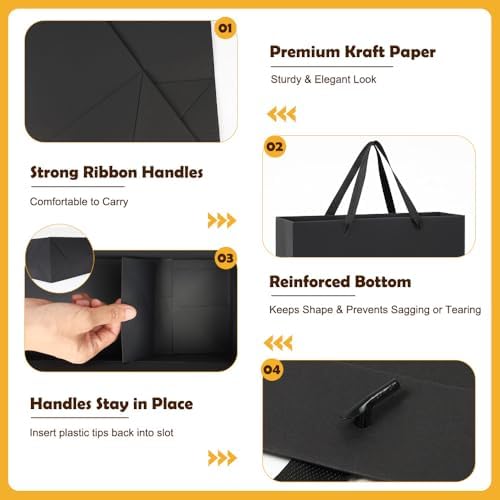 Bolsas de Regalo Negras Extra Grandes Shintop de 3 Piezas con Asa, 15.7 x 11.3 x 5.5 in, Reutilizables con Papel de Seda para Hombres, Cumpleaños, - imagen 3