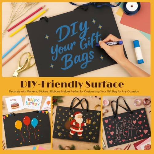 Bolsas de Regalo Negras Extra Grandes Shintop de 3 Piezas con Asa, 15.7 x 11.3 x 5.5 in, Reutilizables con Papel de Seda para Hombres, Cumpleaños, - imagen 4