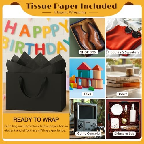 Bolsas de Regalo Negras Extra Grandes Shintop de 3 Piezas con Asa, 15.7 x 11.3 x 5.5 in, Reutilizables con Papel de Seda para Hombres, Cumpleaños, - imagen 5