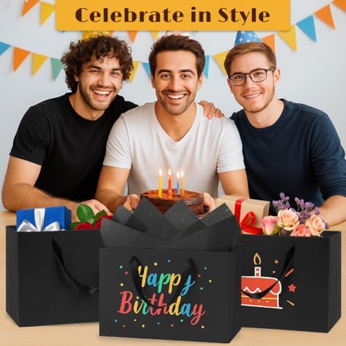 Bolsas de Regalo Negras Extra Grandes Shintop de 3 Piezas con Asa, 15.7 x 11.3 x 5.5 in, Reutilizables con Papel de Seda para Hombres, Cumpleaños, - imagen 6