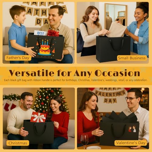 Bolsas de Regalo Negras Extra Grandes Shintop de 3 Piezas con Asa, 15.7 x 11.3 x 5.5 in, Reutilizables con Papel de Seda para Hombres, Cumpleaños, - imagen 7