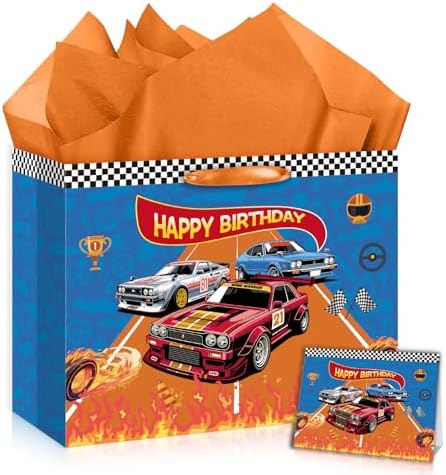 Bolsa de Regalo Nefrayd para Cumpleaños de Carros, Incluye Tarjeta y Papel de Seda, Decoraciones para Fiesta de Carreras, Suministros para Fiesta - imagen 1