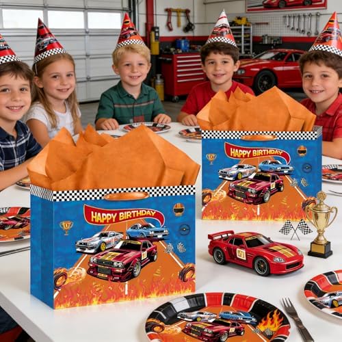 Bolsa de Regalo Nefrayd para Cumpleaños de Carros, Incluye Tarjeta y Papel de Seda, Decoraciones para Fiesta de Carreras, Suministros para Fiesta - imagen 2