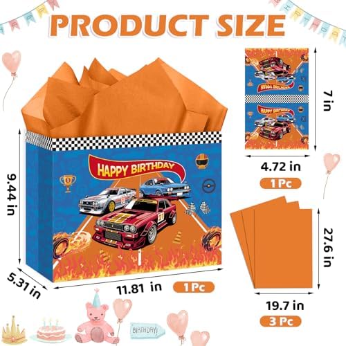 Bolsa de Regalo Nefrayd para Cumpleaños de Carros, Incluye Tarjeta y Papel de Seda, Decoraciones para Fiesta de Carreras, Suministros para Fiesta - imagen 3