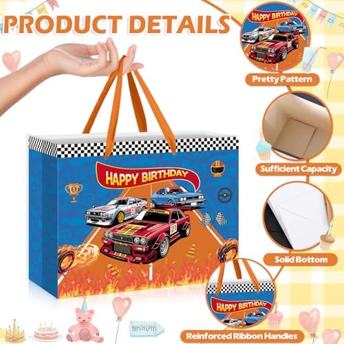 Bolsa de Regalo Nefrayd para Cumpleaños de Carros, Incluye Tarjeta y Papel de Seda, Decoraciones para Fiesta de Carreras, Suministros para Fiesta - imagen 4