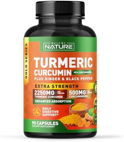 Suplemento de Cúrcuma Curcumina 2250mg Built by Nature – 95% Curcuminoides con Jengibre y Pimienta Negra – Soporte Articular Extra Fuerte – 90 - imagen 1