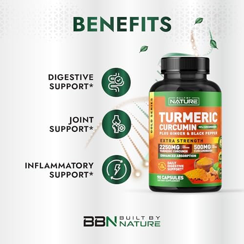 Suplemento de Cúrcuma Curcumina 2250mg Built by Nature – 95% Curcuminoides con Jengibre y Pimienta Negra – Soporte Articular Extra Fuerte – 90 - imagen 2