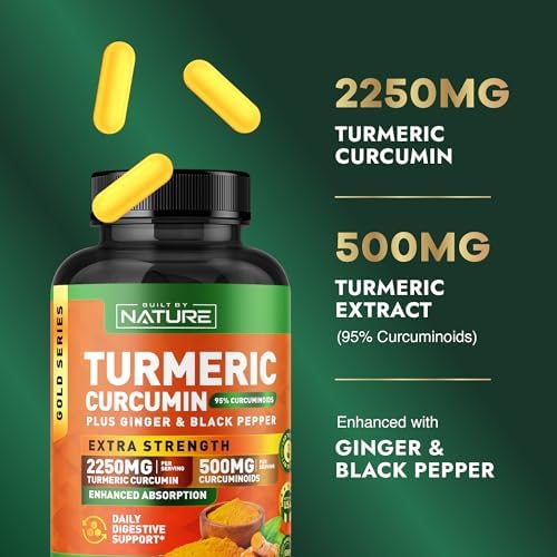 Suplemento de Cúrcuma Curcumina 2250mg Built by Nature – 95% Curcuminoides con Jengibre y Pimienta Negra – Soporte Articular Extra Fuerte – 90 - imagen 3