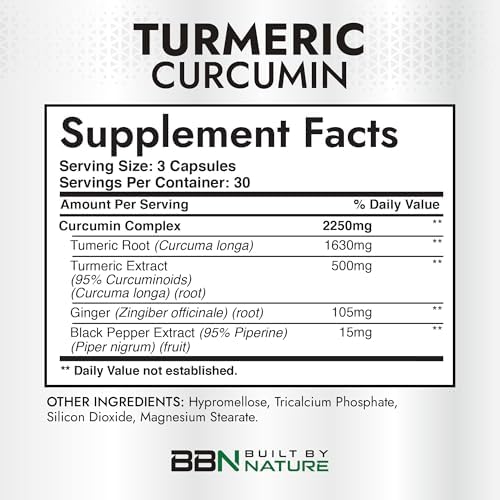 Suplemento de Cúrcuma Curcumina 2250mg Built by Nature – 95% Curcuminoides con Jengibre y Pimienta Negra – Soporte Articular Extra Fuerte – 90 - imagen 4