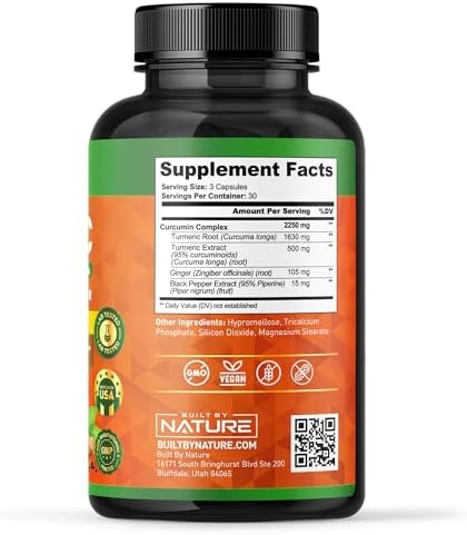 Suplemento de Cúrcuma Curcumina 2250mg Built by Nature – 95% Curcuminoides con Jengibre y Pimienta Negra – Soporte Articular Extra Fuerte – 90 - imagen 6