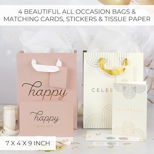 Set de 4 Bolsas de Regalo Bonitas para Cumpleaños - Tamaño Mediano de 9 con Asas, Incluye Papel de Seda, Tarjetas y Stickers - Reutilizables para - imagen 4