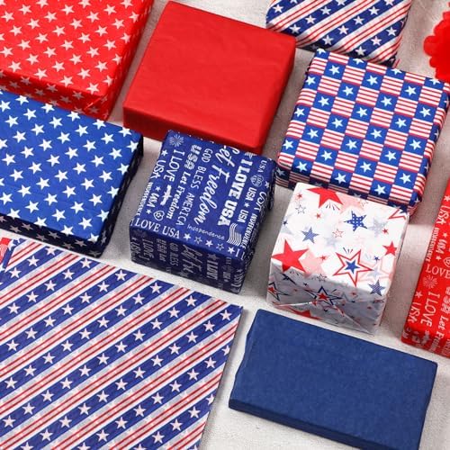 Papel de Regalo Patriótico SANNIX 100 Hojas 4 de Julio Rojo, Azul y Blanco con Estrellas para Decoración de Fiestas y Manualidades 19.7 × 13.8 - imagen 3