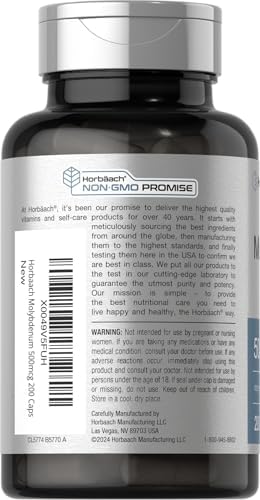 Suplemento de Molybdeno Horbaach | 500 mcg | 200 Cápsulas | Quelato de Aminoácidos | Sin OGM, Libre de Gluten - imagen 3