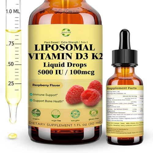 Gotas de Vitamina D3 K2 Líquida con Calcio, Magnesio y Omega 3, Suplemento de Alta Potencia 5 en 1 de 5000 UI para Huesos, Corazón, Dientes e - imagen 1