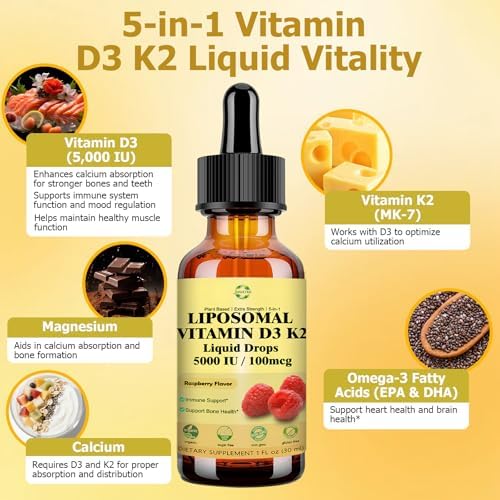 Gotas de Vitamina D3 K2 Líquida con Calcio, Magnesio y Omega 3, Suplemento de Alta Potencia 5 en 1 de 5000 UI para Huesos, Corazón, Dientes e - imagen 2