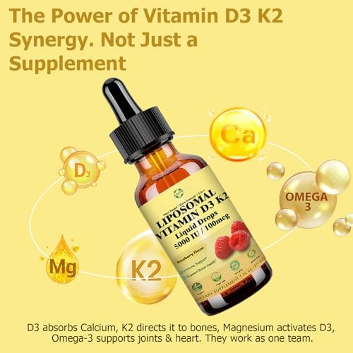 Gotas de Vitamina D3 K2 Líquida con Calcio, Magnesio y Omega 3, Suplemento de Alta Potencia 5 en 1 de 5000 UI para Huesos, Corazón, Dientes e - imagen 3