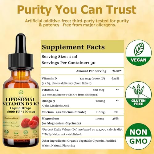 Gotas de Vitamina D3 K2 Líquida con Calcio, Magnesio y Omega 3, Suplemento de Alta Potencia 5 en 1 de 5000 UI para Huesos, Corazón, Dientes e - imagen 8