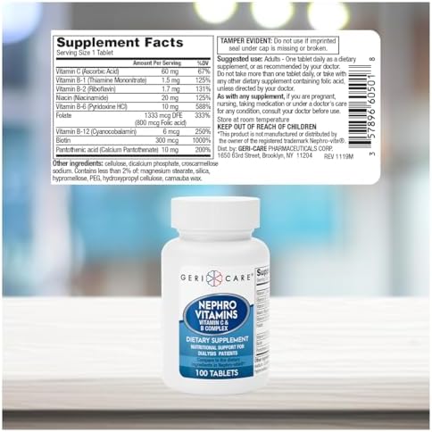 Tabletas GeriCare Nephro de Vitamina C y Complejo B, 100 piezas – Apoyo diario para la salud renal y energía, refuerzo del sistema inmunológico, - imagen 3