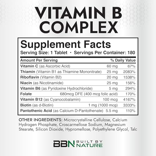 Complejo de Vitaminas B Built by Nature – Vitaminas Super B para Hombres y Mujeres – Apoyo Energético, Estrés e Inmunológico – 180 Tabletas de Alta - imagen 4