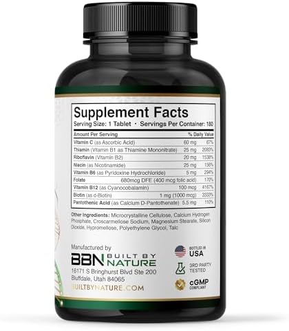 Complejo de Vitaminas B Built by Nature – Vitaminas Super B para Hombres y Mujeres – Apoyo Energético, Estrés e Inmunológico – 180 Tabletas de Alta - imagen 5