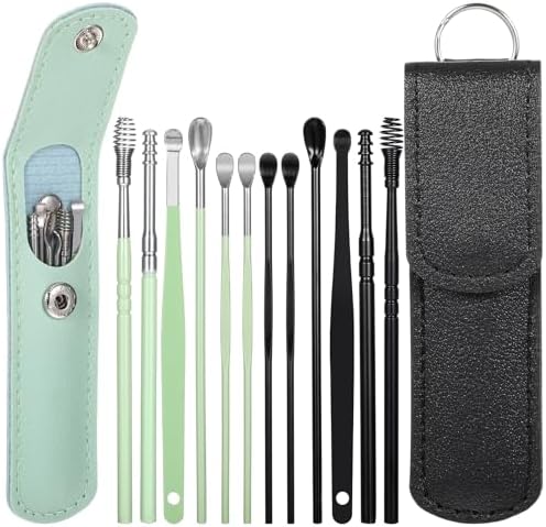 Kit de Limpieza de Oídos Prasacco de 12 Piezas (2 Juegos) - Herramientas de Acero Inoxidable para Remoción de Cerumen con Estuche PU (Negro+Verde) - imagen 1