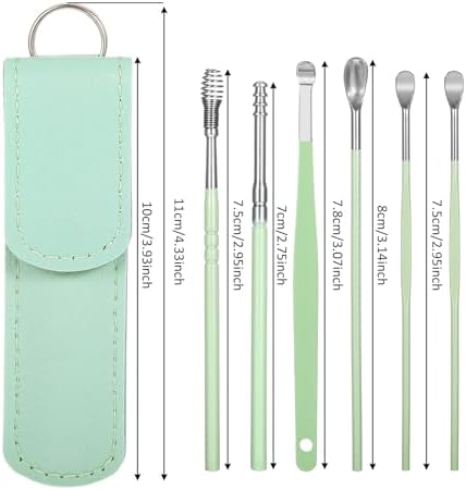 Kit de Limpieza de Oídos Prasacco de 12 Piezas (2 Juegos) - Herramientas de Acero Inoxidable para Remoción de Cerumen con Estuche PU (Negro+Verde) - imagen 2
