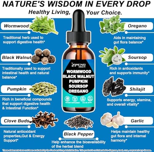 Limpiador de Ajenjo, Nuez Negra y Clavo para Humanos - Gotas Líquidas, Suplemento Digestivo con Clavo, Orégano, Guanábana y Calabaza, 2 fl oz - imagen 2