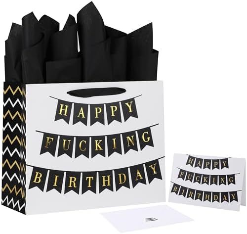 Set de Bolsa de Regalo Grande Qirrmiy de 13 Blanca con Tarjeta de Felicitación y Papel de Seda (Feliz Cumpleaños Fu*king) para Fiestas de Cumpleaños - imagen 1